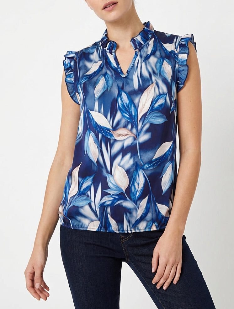 Top satijnen blouse met bladerprint - Marine