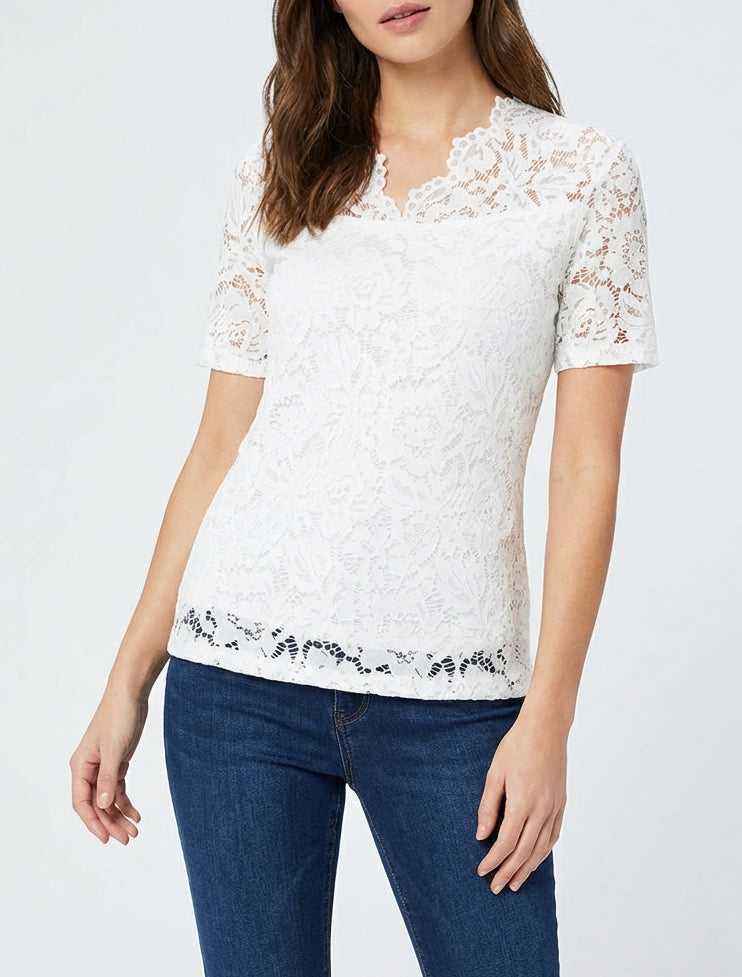 Kanten top met korte mouwen - Wit