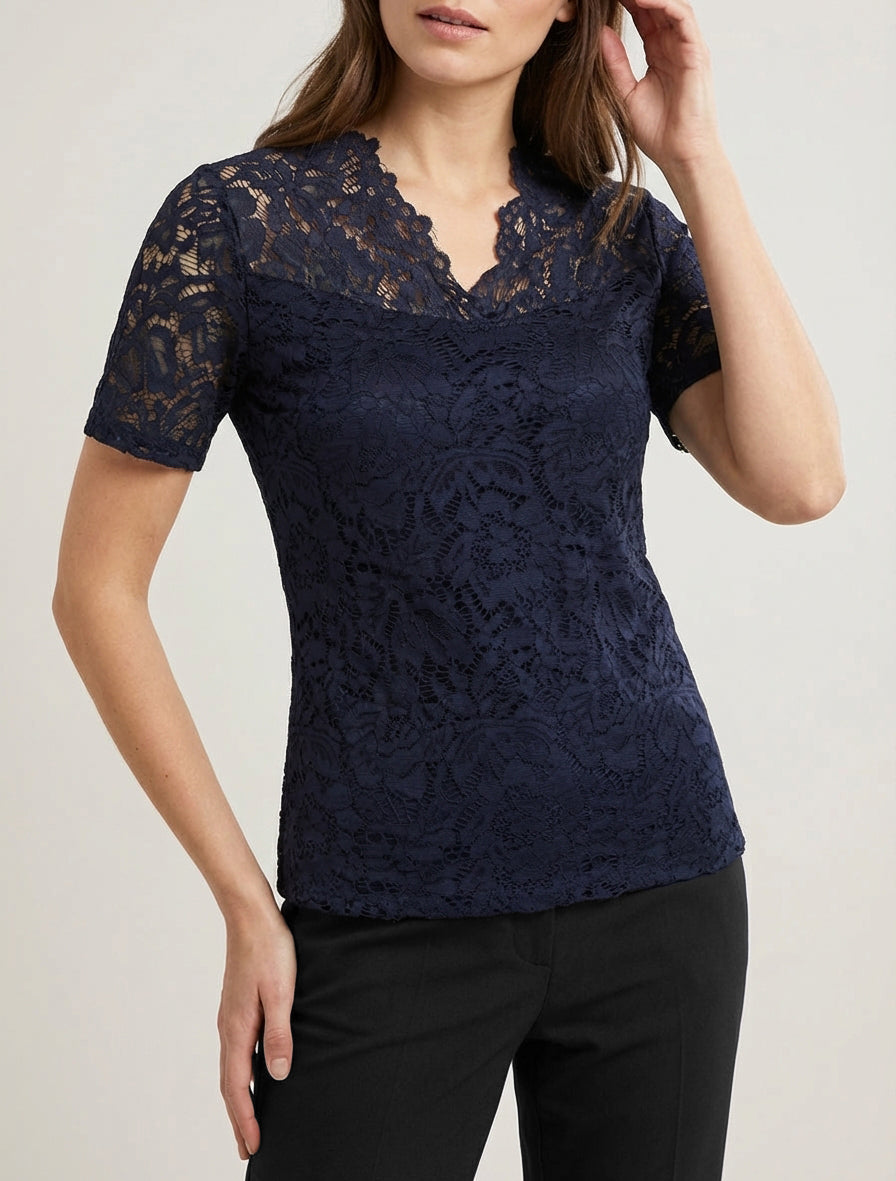 Top en dentelle à manches courtes - Marine