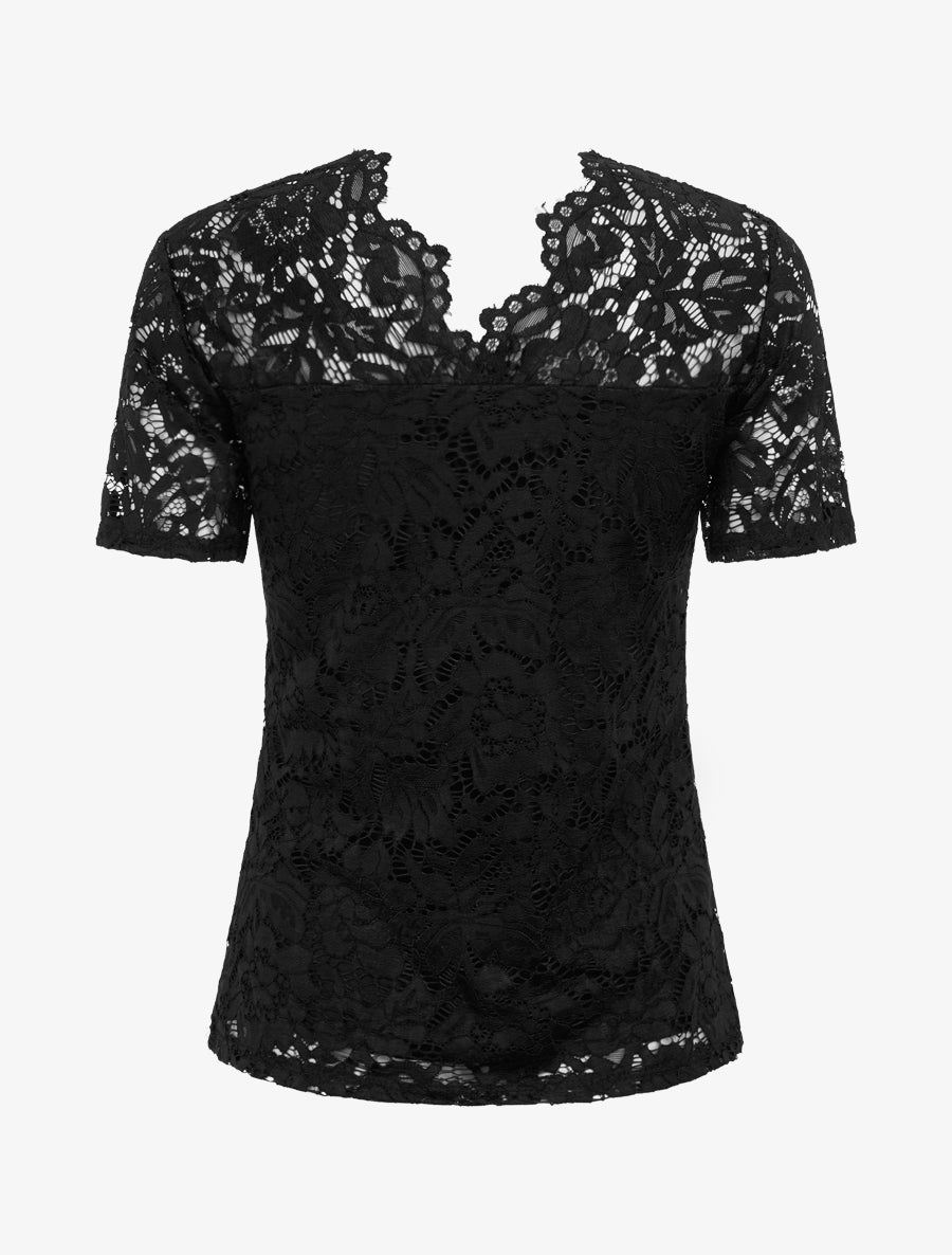 Top en dentelle à manches courtes - Noir - 2