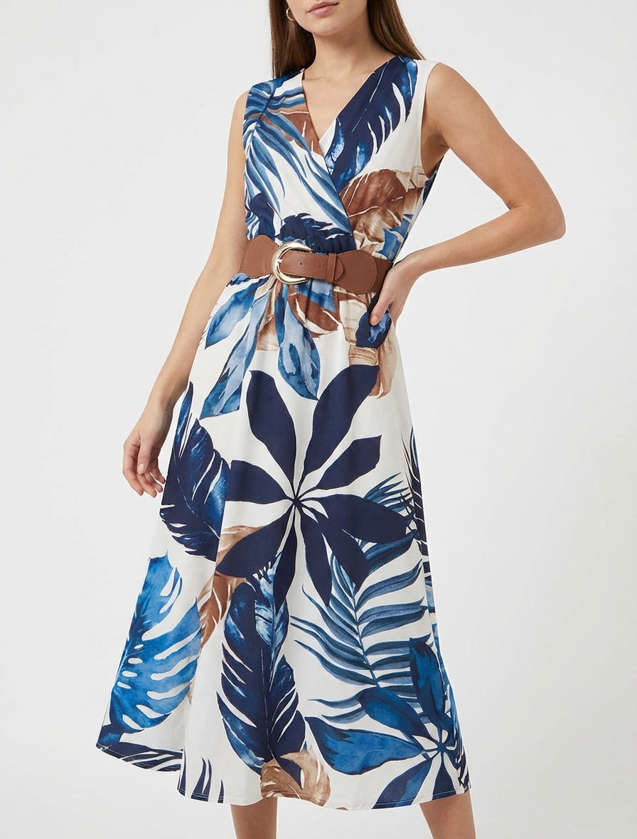 Mouwloze jurk met bladprint - Marine