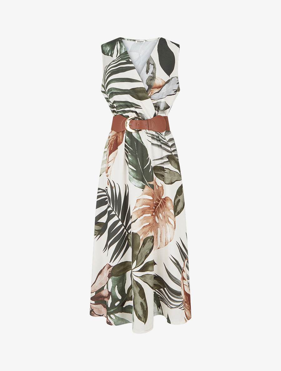 Robe sans manches imprimé feuillage - Kaki - 1