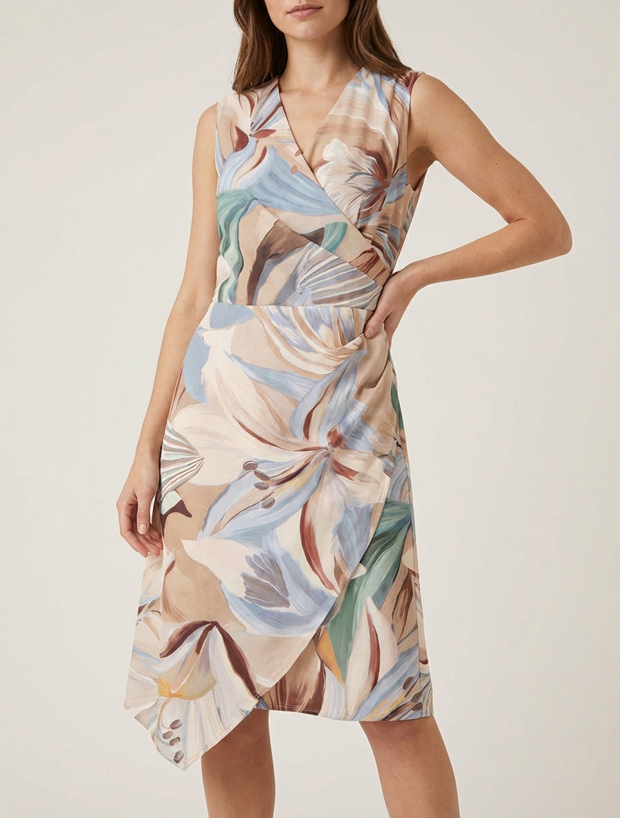 Robe style portefeuille sans manches imprimé fleurs de lys - Beige