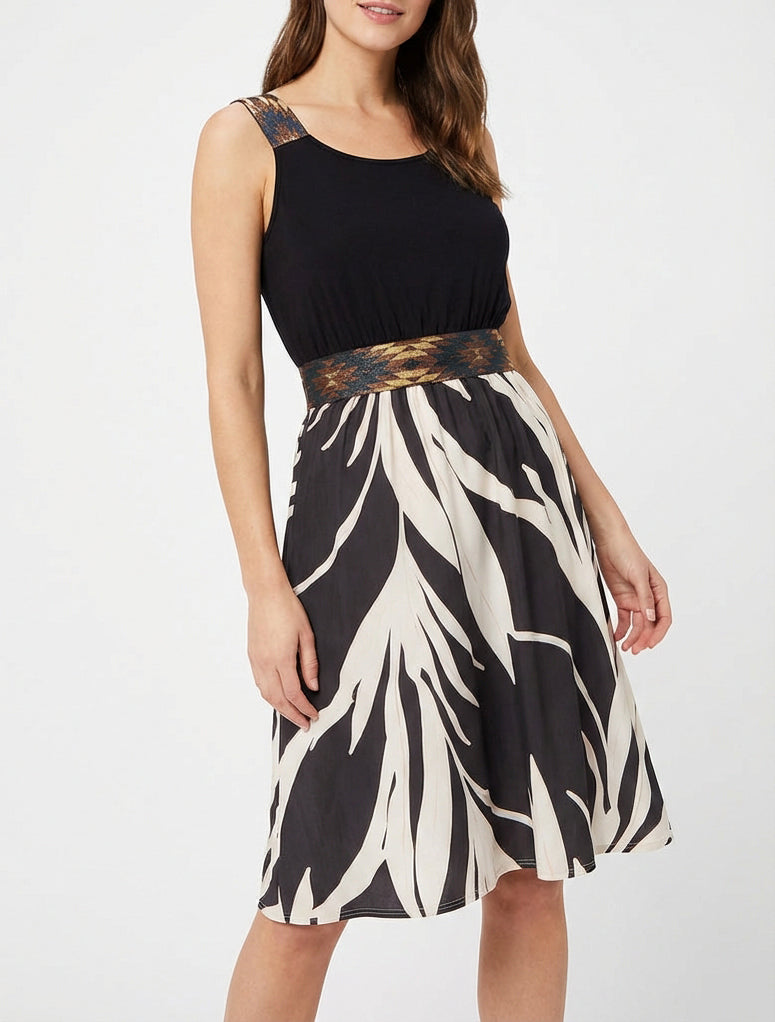 Robe imprimé graphique à taille élastiquée fantaisie - Noir