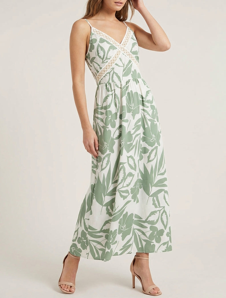 Robe fleurie à empiècement broderie - Kaki