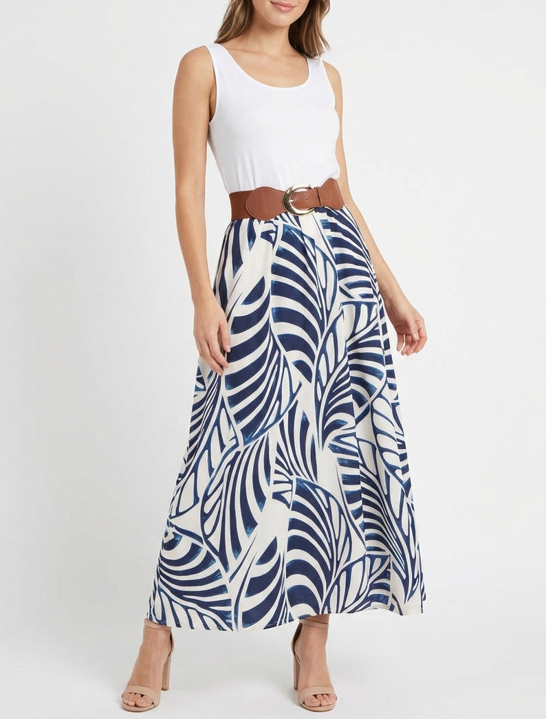 Robe longue sans manches imprimé feuilles - Marine