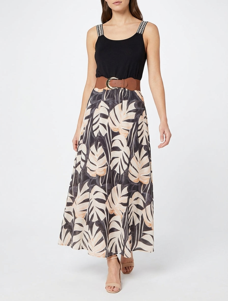 Robe longue imprimé feuillage - Noir