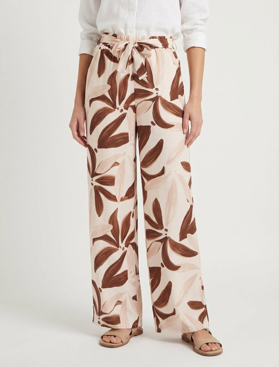 Pantalon élastiqué à imprimé floral - Beige