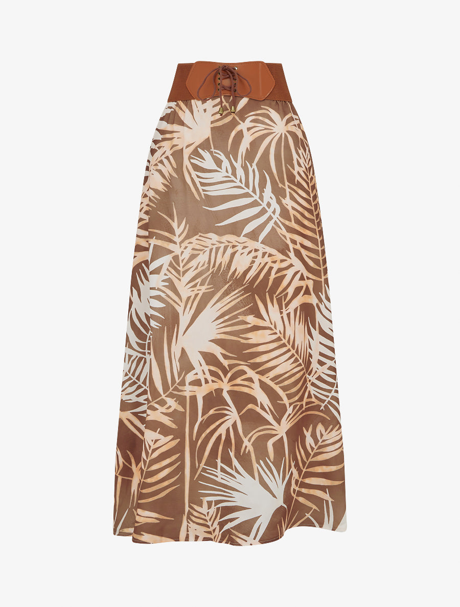 Jupe longue imprimé feuillage - Marron - 1
