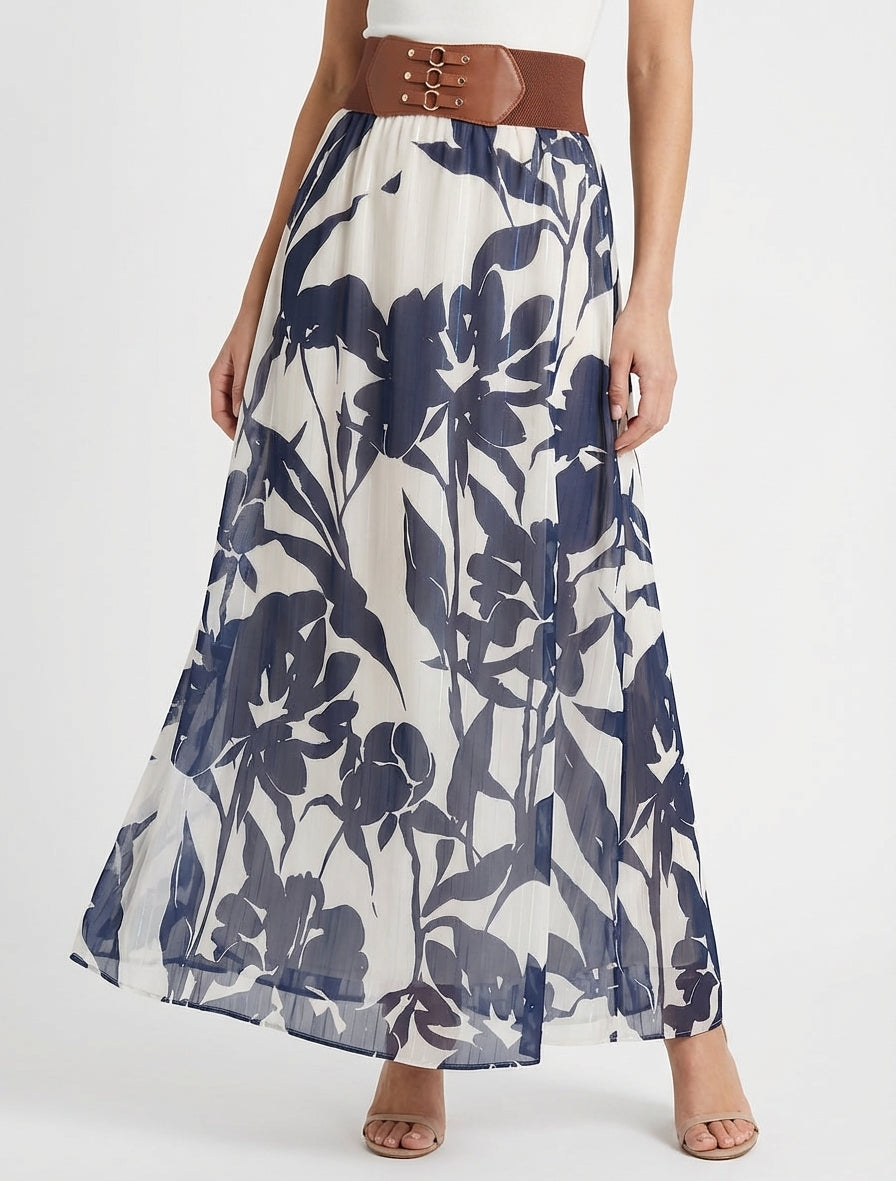 Lange rok met bloemenprint en iriserende strepen - Marine