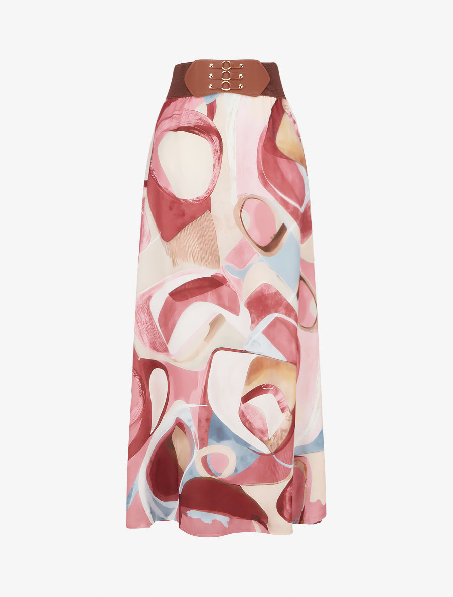 Jupe longue imprimé abstrait à taille fantaisie - Rose - 1