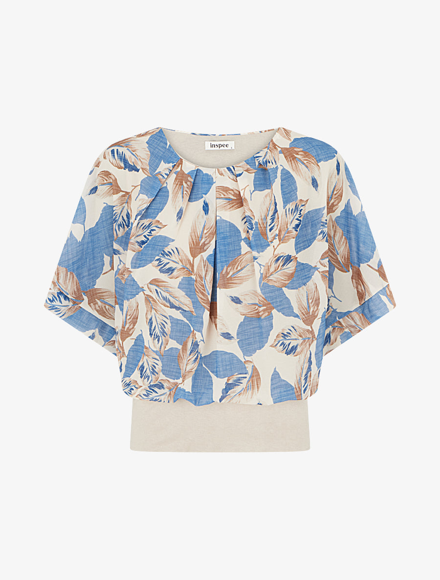 Top imprimé feuillage à manches courtes - Bleu - 1