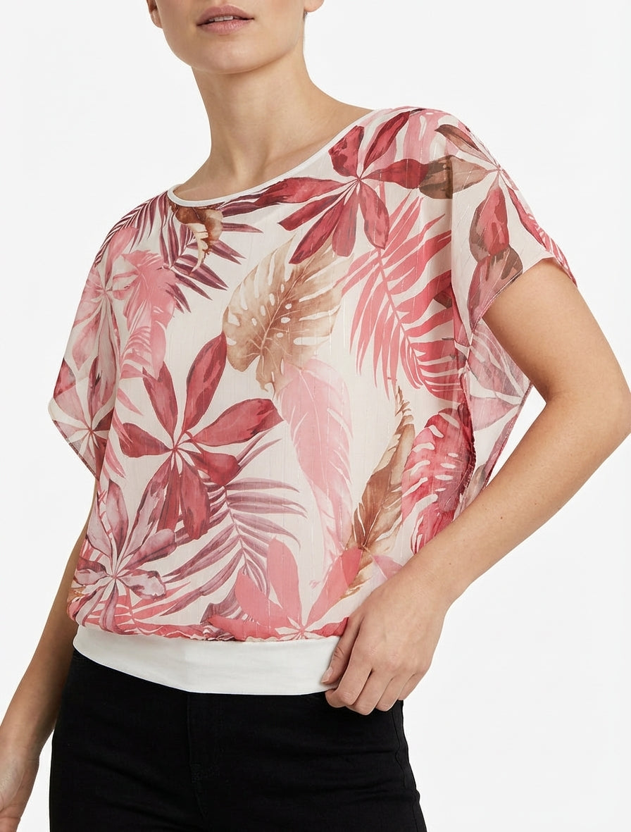 Top boule manches courtes imprimé tropical - Vieux rose