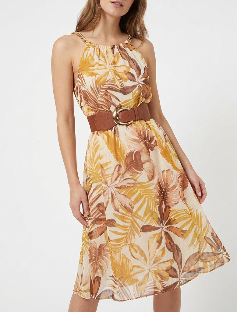 Robe à bretelles chaînes imprimé tropical - Jaune moutarde