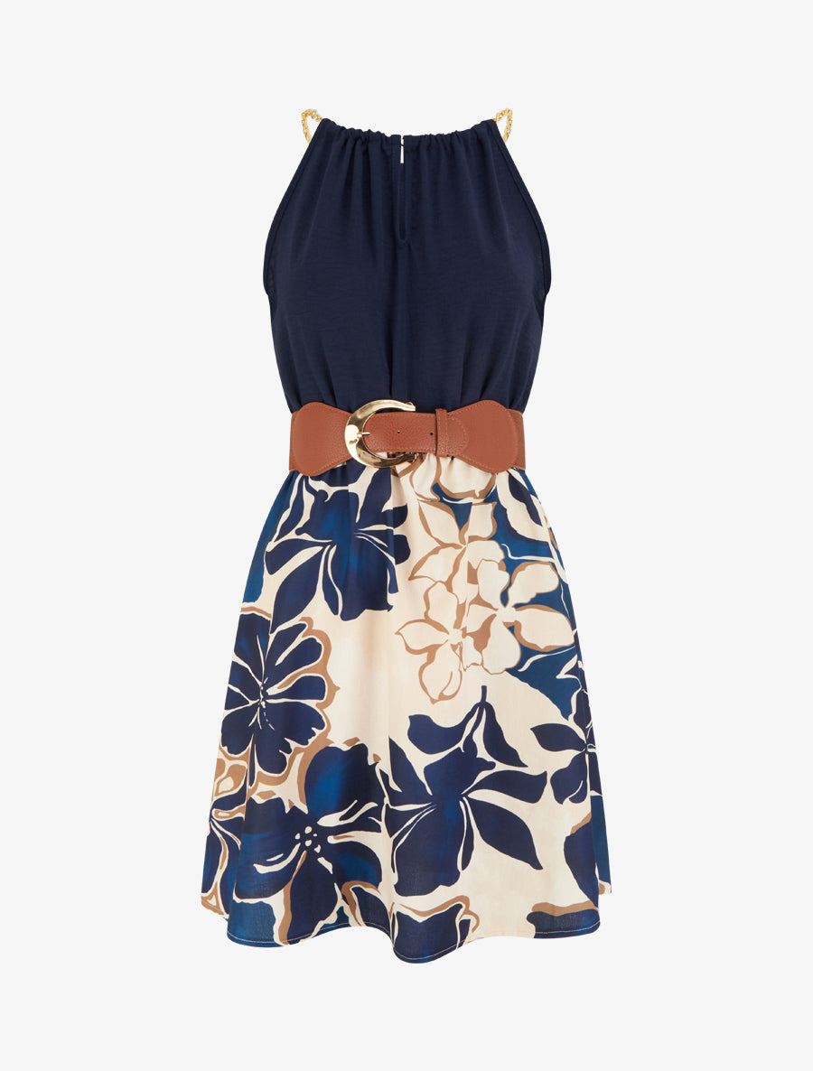 Robe à bretelles chaînes imprimé grandes fleurs - Marine - 1