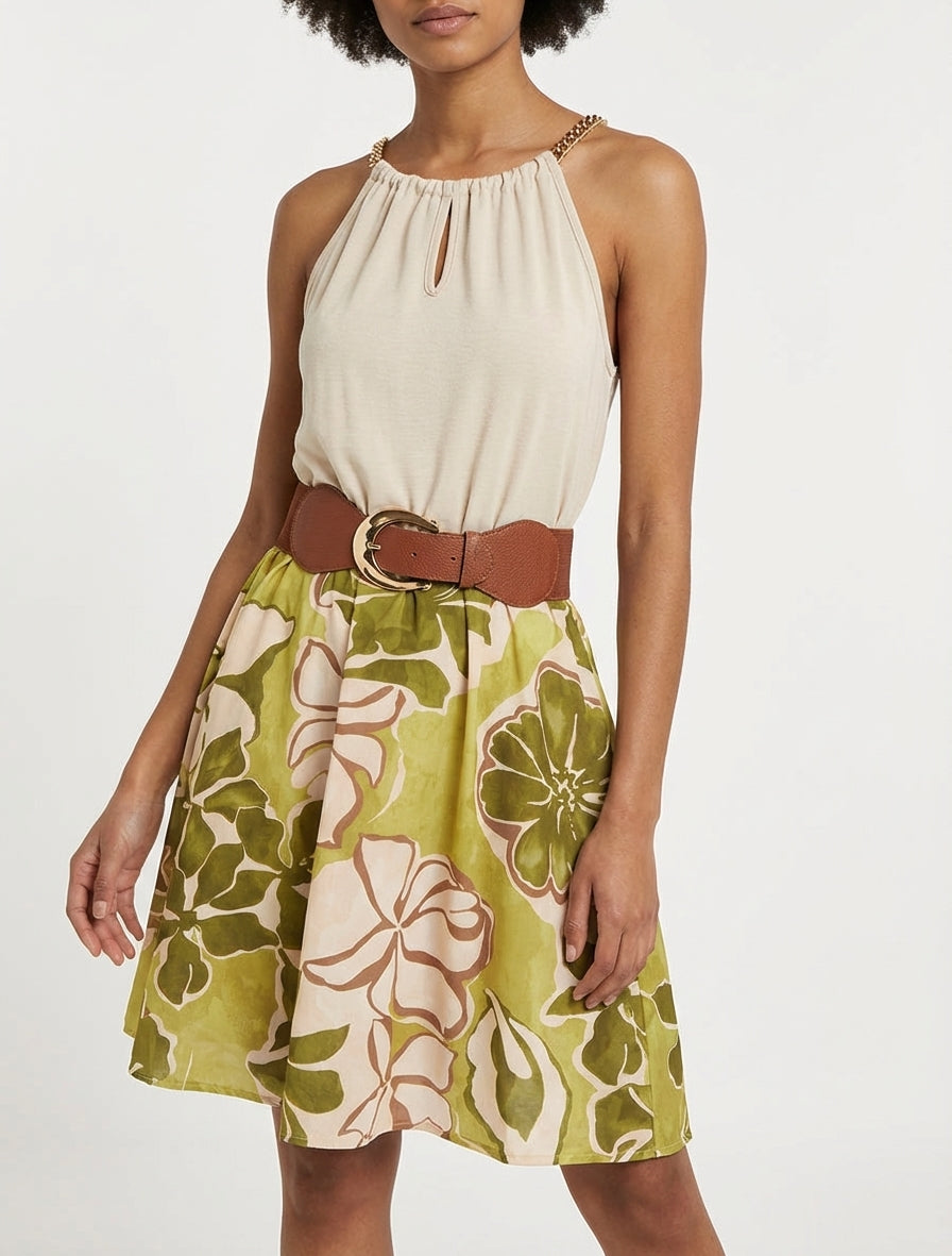 Robe à bretelles chaînes imprimé grandes fleurs - Vert olive