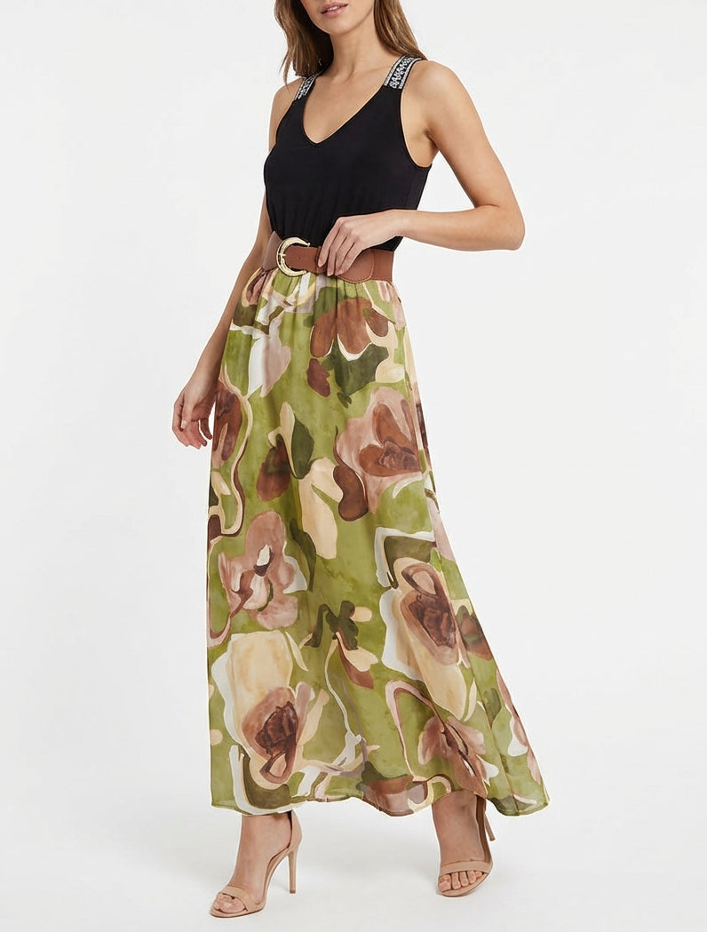 Lange jurk met fantasieprint - Olijfgroen