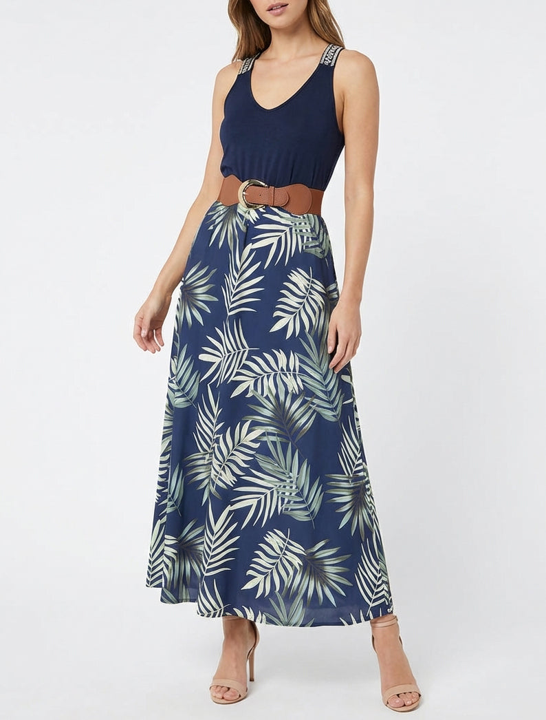 Lange jurk met bladeraandruk. - Groen