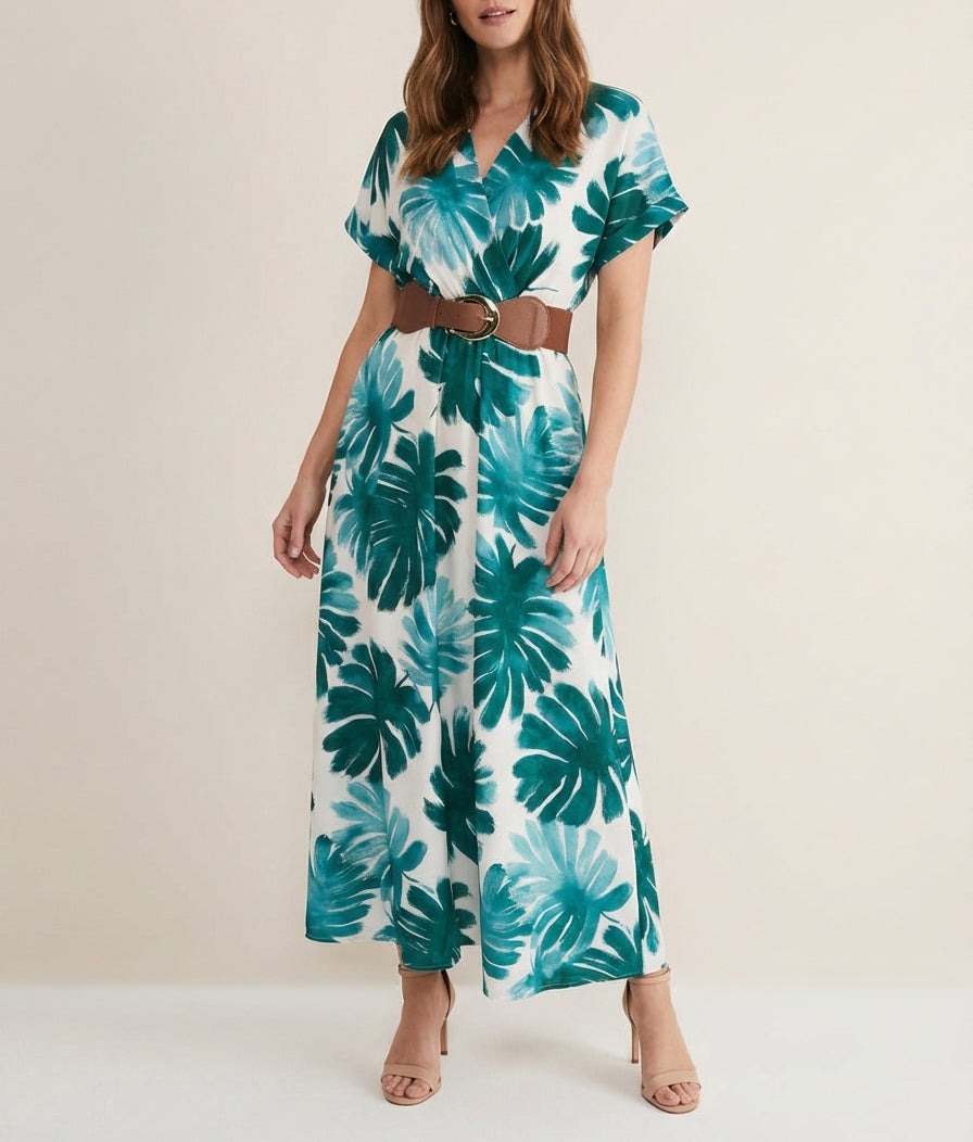 Robe longue manches courtes imprimé feuillage - Vert foncé