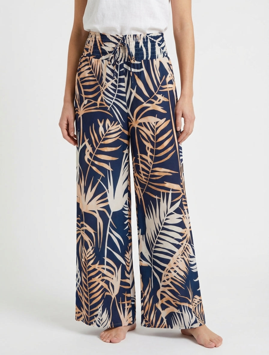 Broek met bladprint en elastische tailleband - Marine