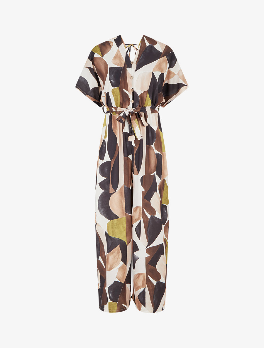 Combinaison imprimé abstrait à taille élastiquée - Noir - 1