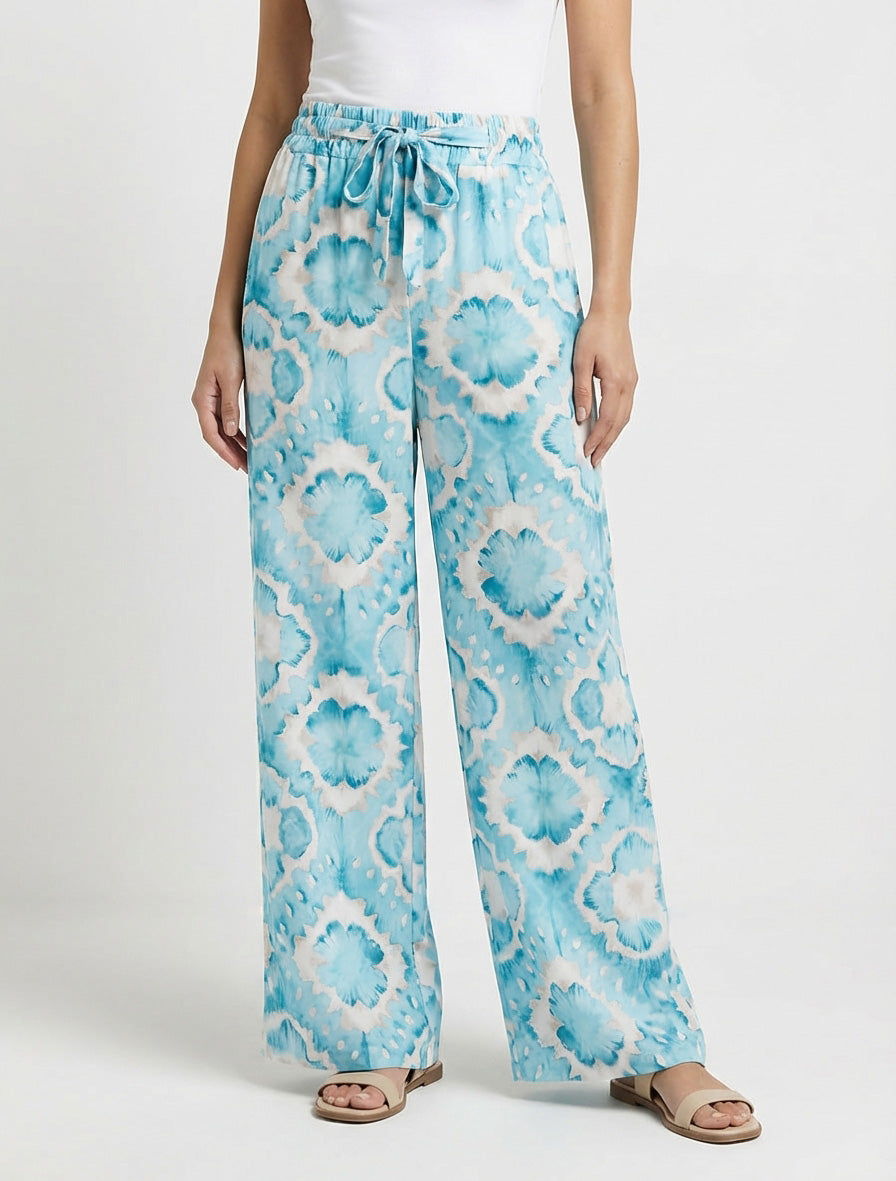 Elastische broek met abstracte print - Turkoois