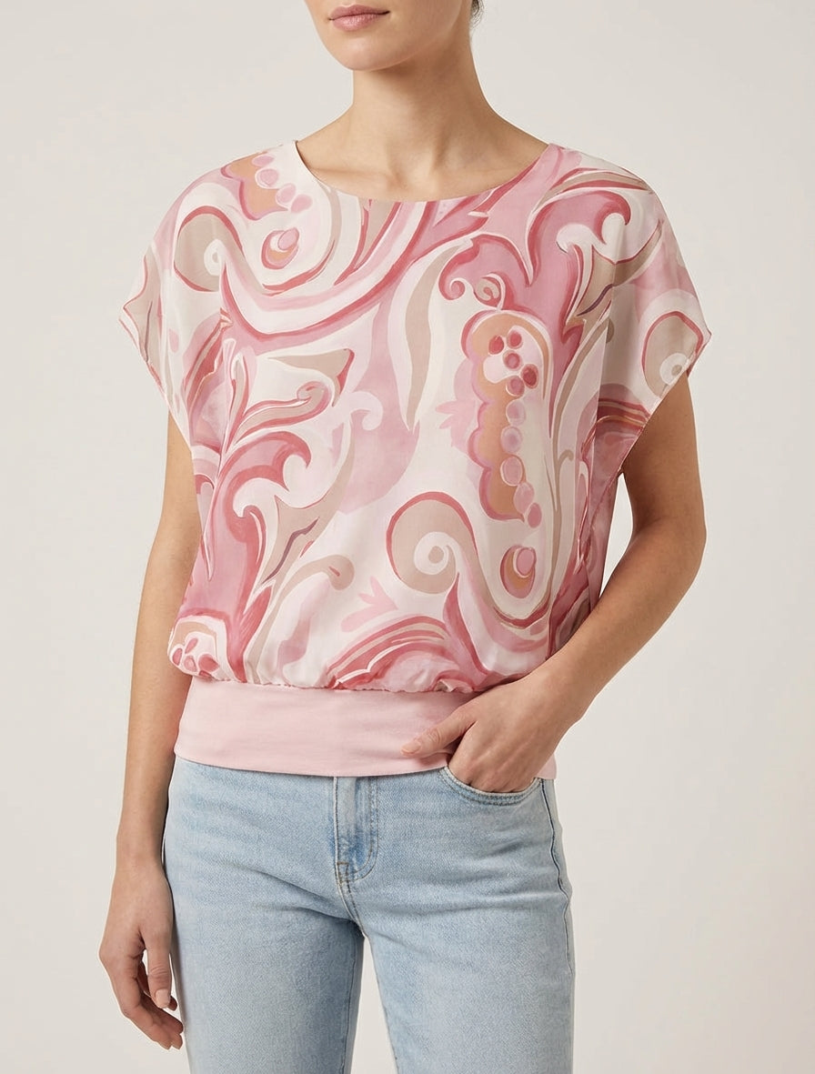 Top droit manches courtes imprimé arabesque - Rose