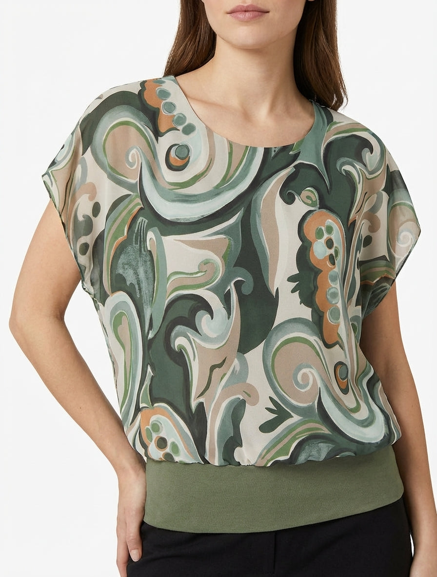 Top droit manches courtes imprimé arabesque - Kaki