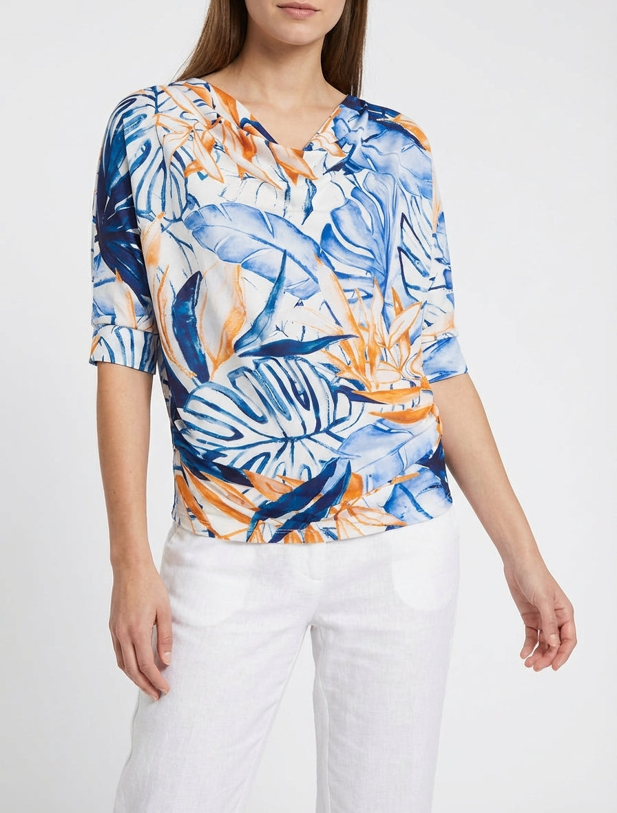 Top tropical manches 3/4 et effet plissé - Marine