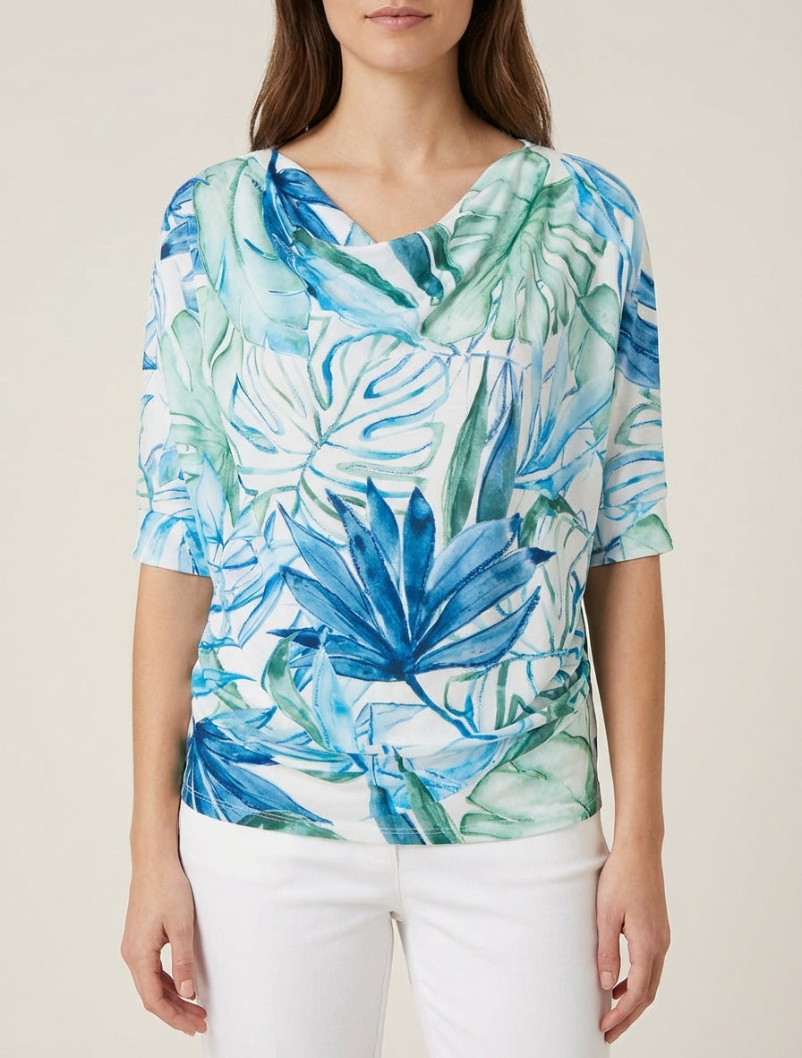 Top tropical manches 3/4 et effet plissé - Bleu