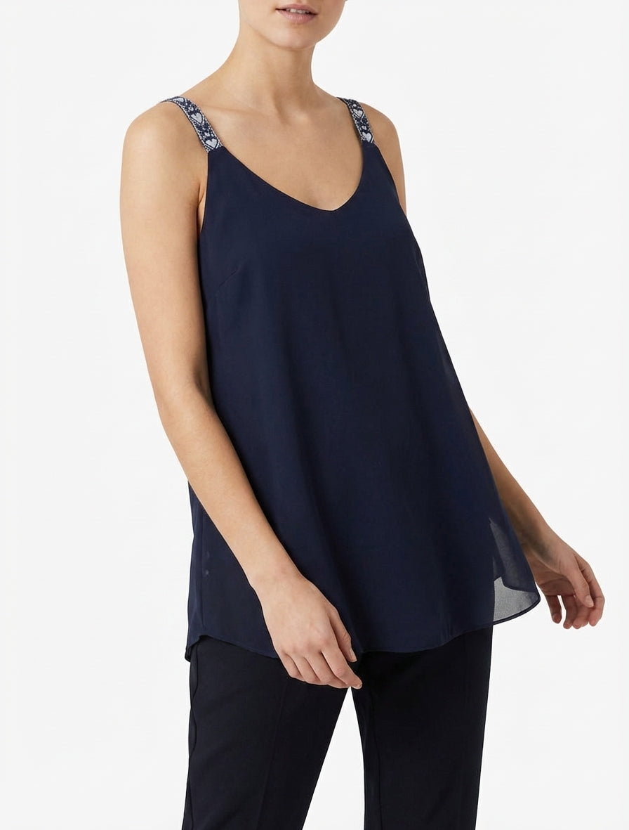 Caraco en voile à bretelles motif coeur - Marine