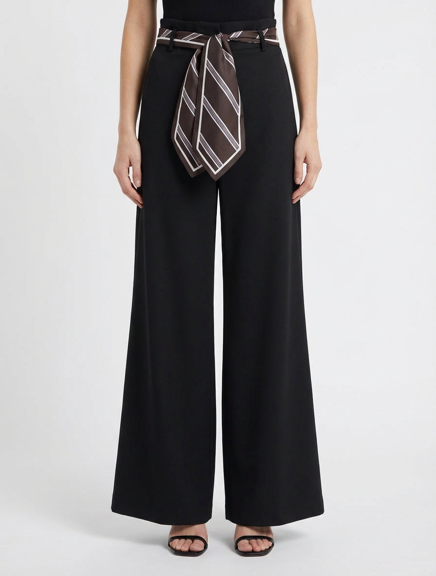Wijde broek met sjaalstijl riem - Zwart