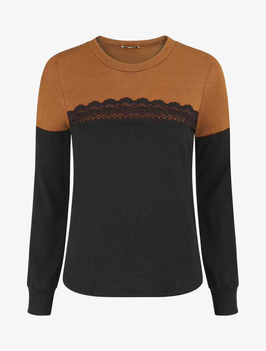 Pull fin et bande en dentelle - Marron - 4