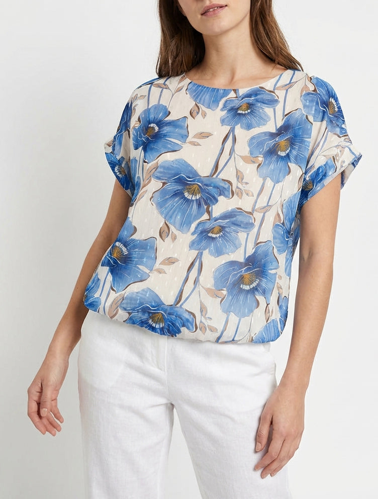 Kortebloemenprinttop met korte mouwen - Blauw karretje