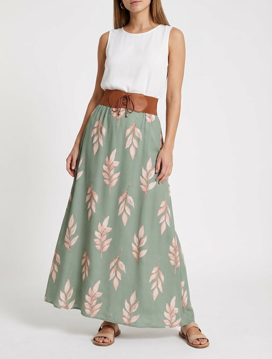 Jupe longue imprimé feuilles - Kaki