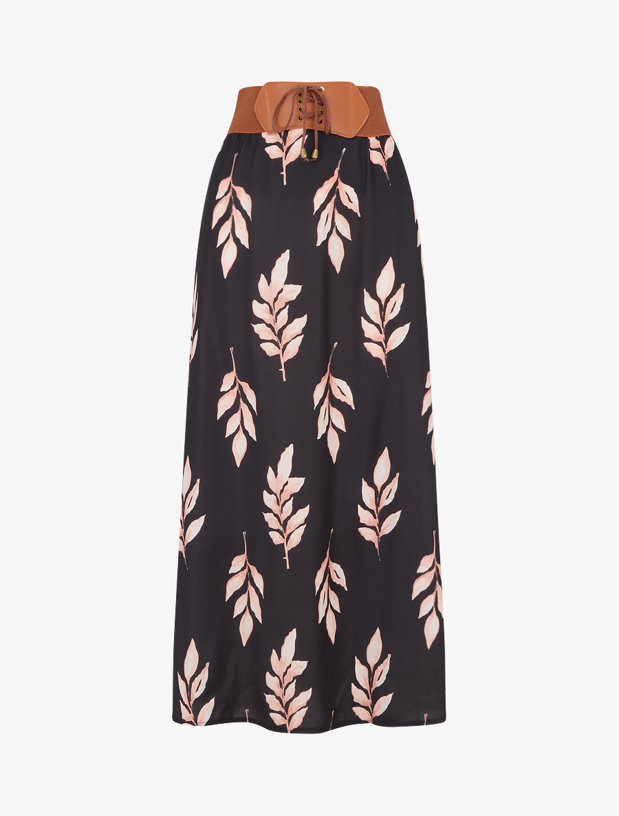 Jupe longue imprimé feuilles - Noir - 1