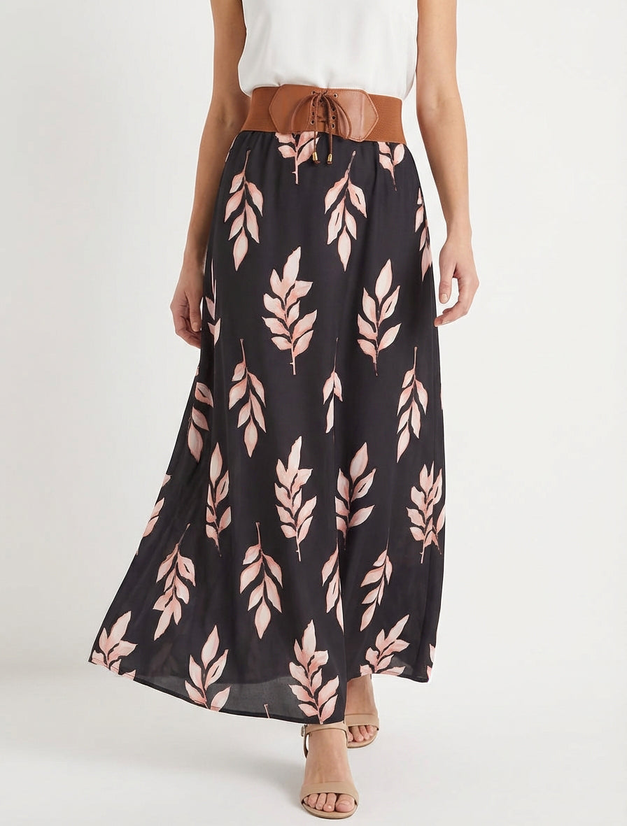 Lange rok met bladenprint - Zwart