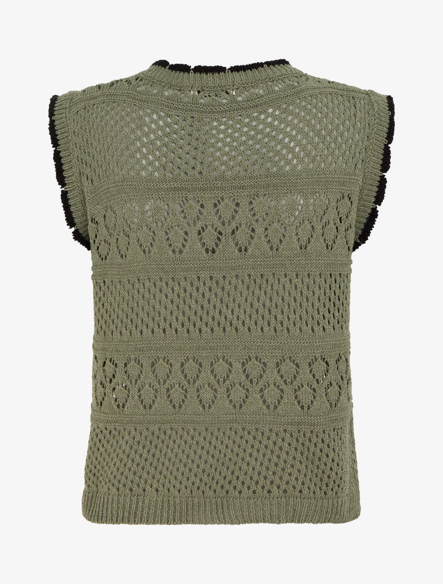 Pull sans manches à col contrastant - Kaki - 2