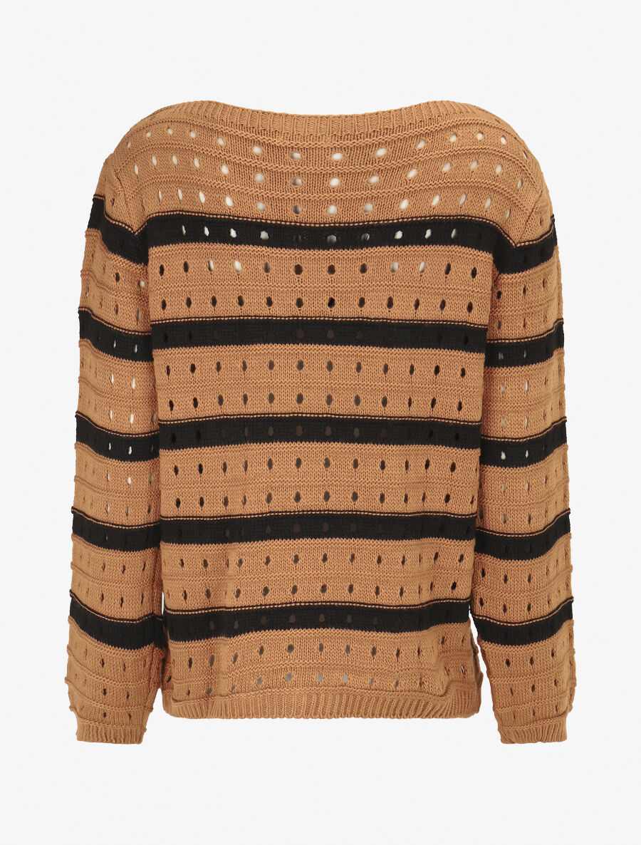 Pull en maille ajourée à rayures - Camel/noir - 2
