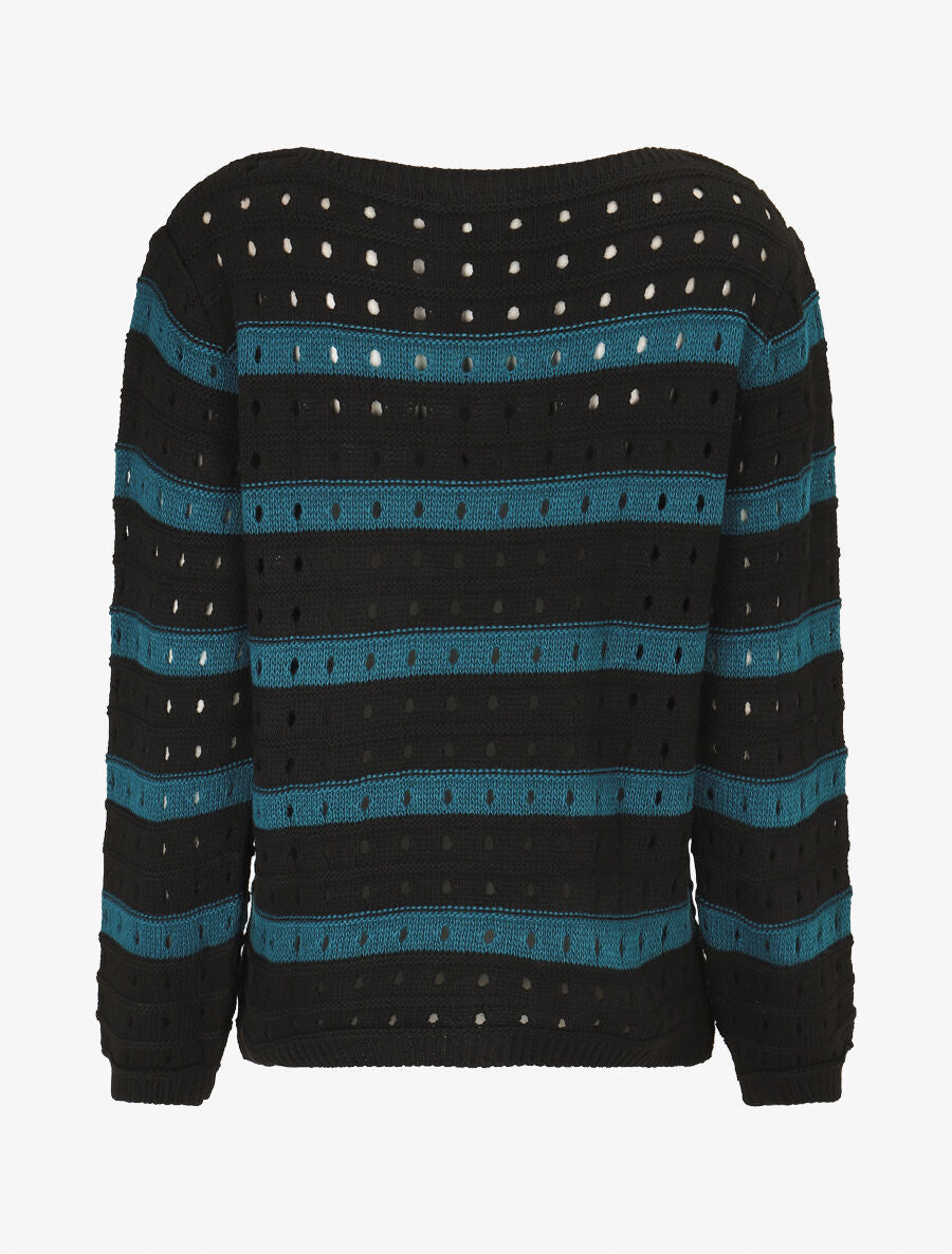 Pull en maille ajourée à rayures - Bleu pétrole - 2