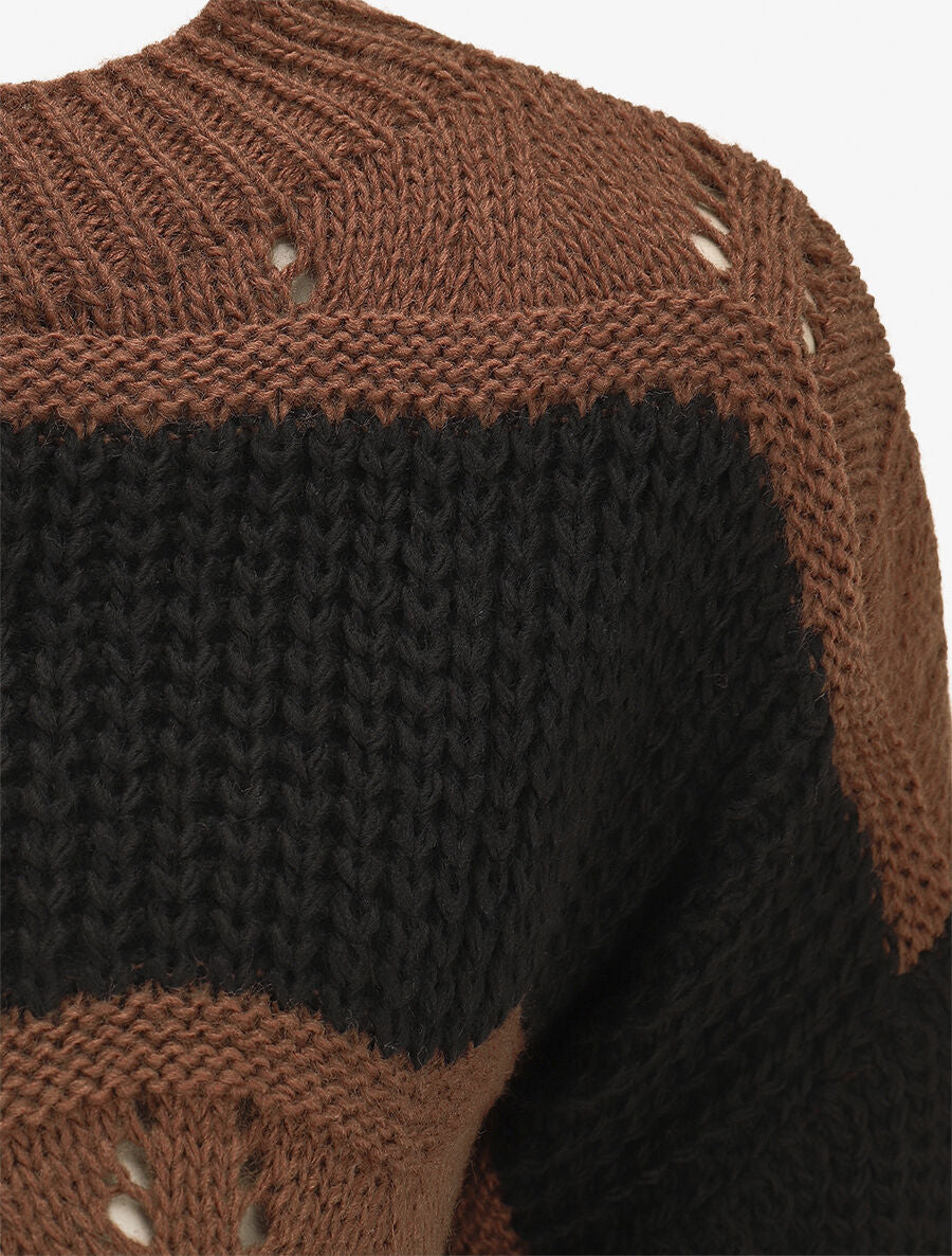 Pull en maille ajourée à rayures stylisées - Marron - 3