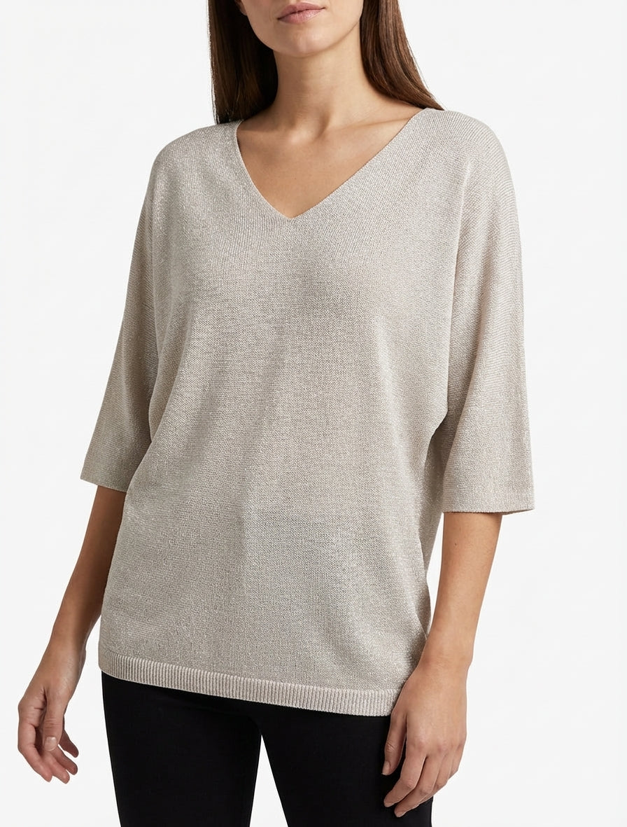 Dunne glinsterende trui met 3/4 mouwen - Beige