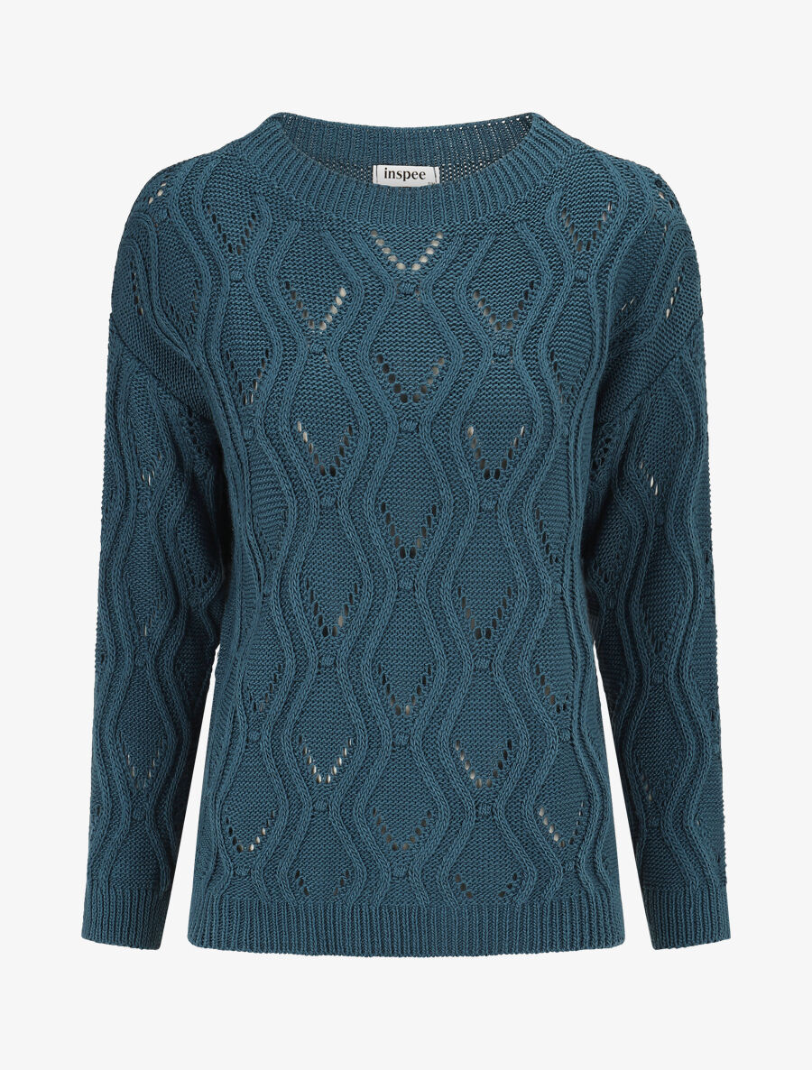 Pull ajouré en maille fantaisie - Bleu pétrole - 1