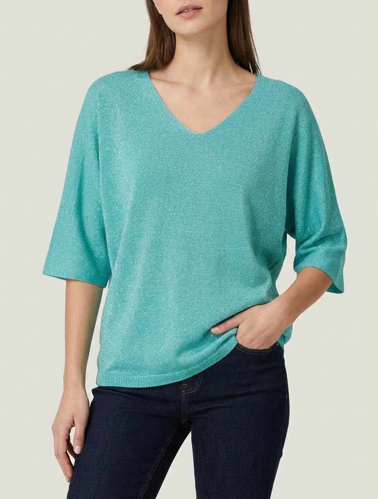 Pull fin irisé à manches 3/4 - Turquoise