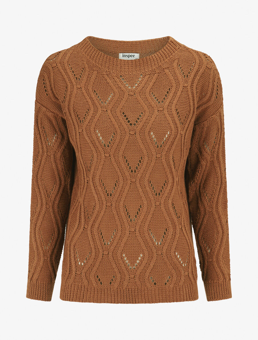 Pull ajouré en maille fantaisie - Camel - 4