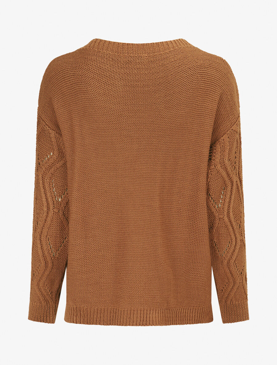 Pull ajouré en maille fantaisie - Camel - 2