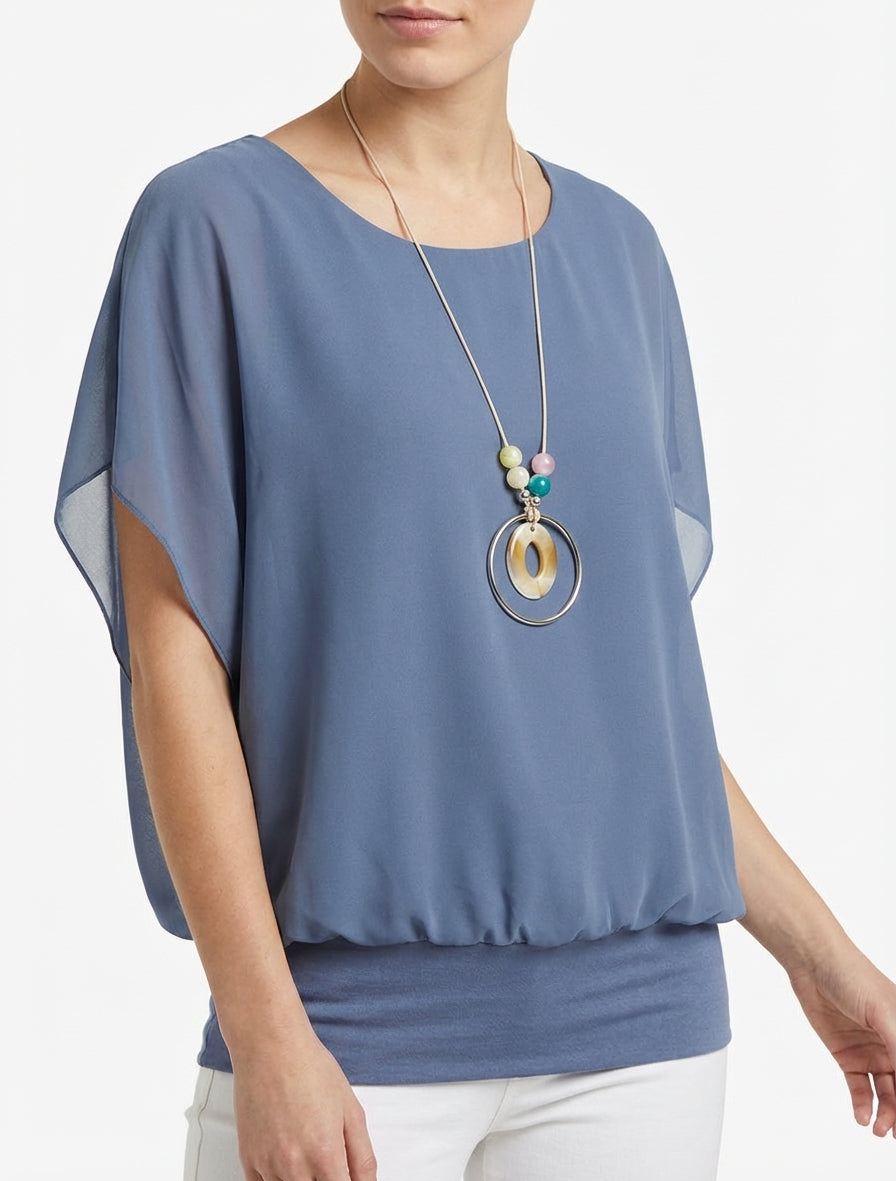 Top boule uni à manches courtes - Bleu gris