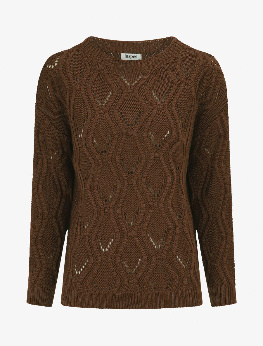 Pull ajouré en maille fantaisie - Marron - 4