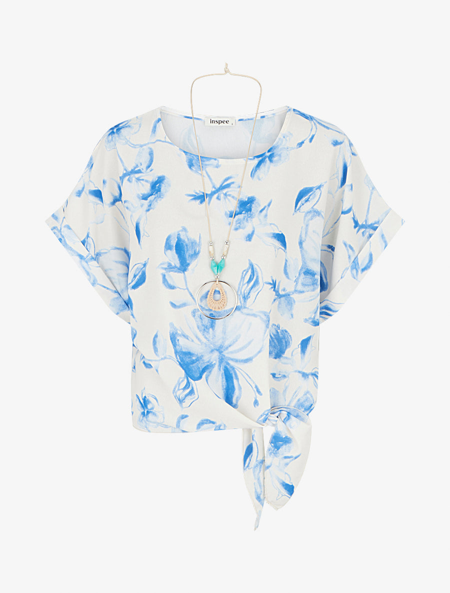 Top imprimé floral à nouer - Bleu ciel - 1
