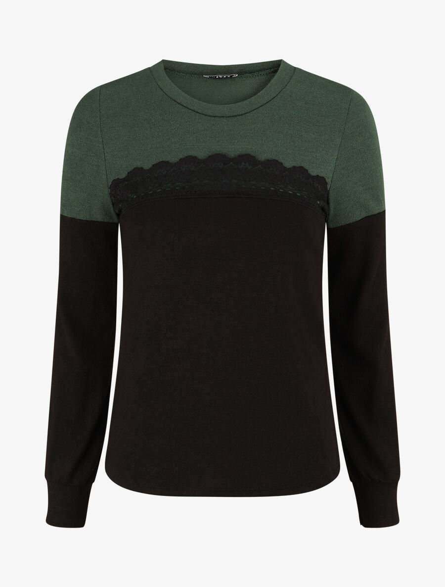 Pull fin et bande en dentelle - Vert sapin - 1